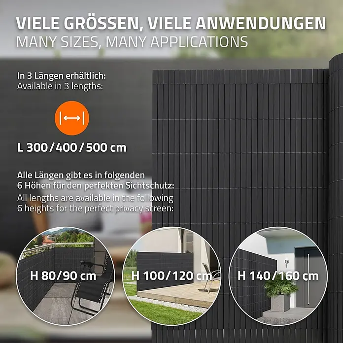 ECD Germany Sichtschutzelement Anthrazit Windschutz Zaunblende für Garten Balkon Terrasse - B x H: 700 x 160 cm, Kunststoff, Anthrazit - Anthrazitfarbener Lamellen-Sichtschutz in verschiedenen Längen und Höhen, dargestellt in unterschiedlichen Außenbereichen.