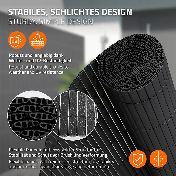 ECD Germany Sichtschutzelement Anthrazit Windschutz Zaunblende für Garten Balkon Terrasse - B x H: 500 x 140 cm, Kunststoff, Anthrazit - Schwarzer, aufgerollter Sichtschutz aus verstärkten, flexiblen Paneelen für Stabilität und Witterungsbeständigkeit.