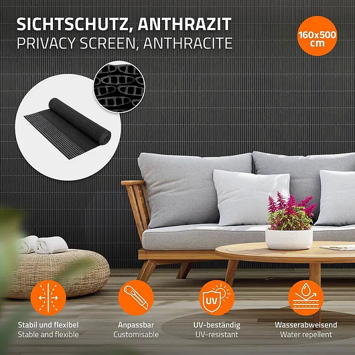 ECD Germany Sichtschutzelement 1,6 × 5 m PVC-Sichtschutzzaun - B x H: 500 x 160 cm, Kunststoff, Anthrazit - Anthrazitfarbener flexibler Sichtschutz (160x500 cm) auf einer Terrasse, gerollt und installiert dargestellt.