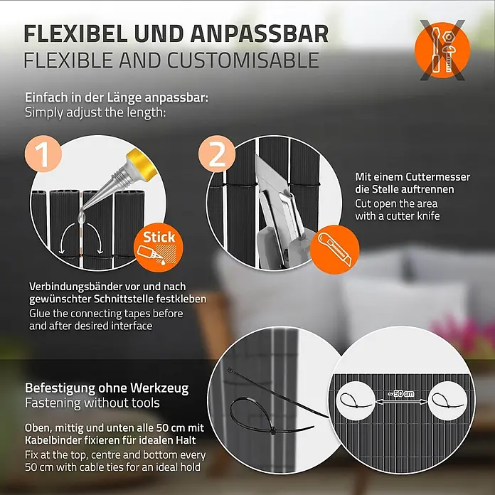 ECD Germany Sichtschutzelement Anthrazit Windschutz Zaunblende für Garten Balkon Terrasse - B x H: 500 x 140 cm, Kunststoff, Anthrazit - Dunkler, flexibler Lamellen-Sichtschutz mit Anleitung zum Kürzen und Befestigen mit Kabelbindern.