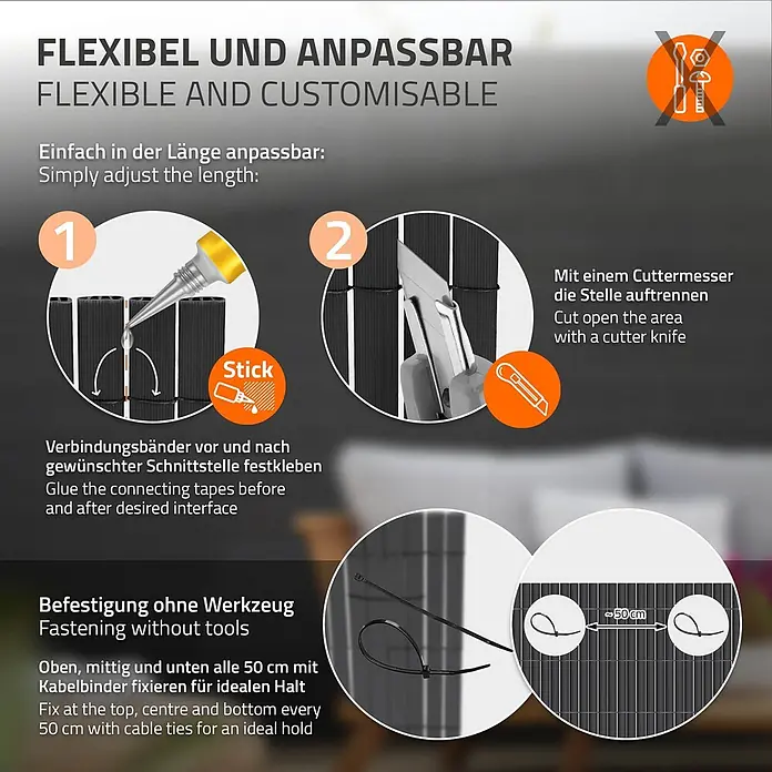 ECD Germany Sichtschutzelement Anthrazit Windschutz Zaunblende für Garten Balkon Terrasse - B x H: 700 x 160 cm, Kunststoff, Anthrazit - Anleitung für einen dunkelgrauen Sichtschutz: zeigt Zuschneiden auf Wunschlänge und Befestigung mit Kabelbindern alle 50 cm.