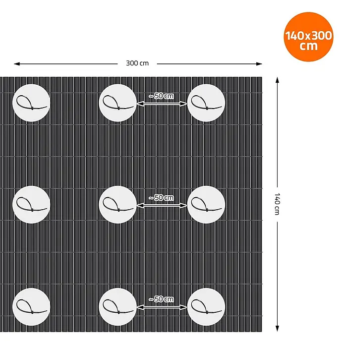 ECD Germany Sichtschutzelement 1,4 × 3 m PVC-Sichtschutzzaun - B x H: 300 x 140 cm, Kunststoff, Anthrazit - Dunkelgrauer Sichtschutz (140x300 cm) mit vertikalen Lamellen, Befestigungspunkte mit Kabelbindern im Abstand von ca. 50 cm.