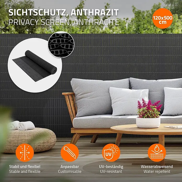 ECD Germany Sichtschutzelement 120x5m Windschutz Zaunblende Sichtschutz Garten Balkon Terrasse - Kunststoff, Anthrazit - Anthrazitfarbener Sichtschutz (120x500 cm), aufgerollt und als dunkelgrauer Gartenzaun installiert.