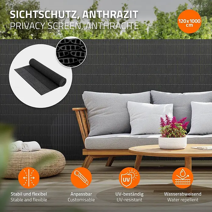 ECD Germany Sichtschutzelement 120x10m (5+5m) Windschutz Zaunblende Sichtschutz Garten Balkon Terrasse - Kunststoff, Anthrazit - Anthrazitfarbener Sichtschutz, gerollt und auf einem Balkon installiert, UV-beständig und wasserabweisend.