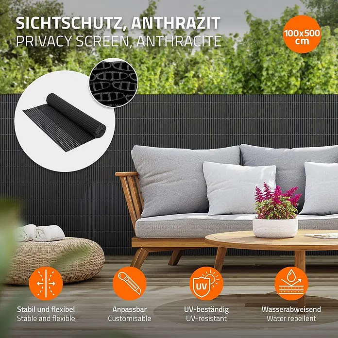 ECD Germany Sichtschutzelement 1 × 5 m PVC-Sichtschutzzaun - B x H: 500 x 100 cm, Kunststoff, Anthrazit - Anthrazit Sichtschutz (100x500 cm) im Außenbereich installiert und gerollt. Stabil, flexibel, UV-beständig, wasserabweisend.