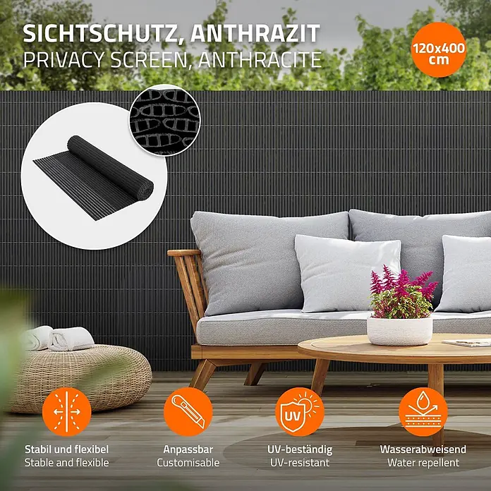 ECD Germany Sichtschutzelement Anthrazit Windschutz Zaunblende für Garten Balkon Terrasse - B x H: 400 x 120 cm, Kunststoff, Anthrazit - Anthrazitfarbener, stabiler und flexibler Sichtschutz (120x400 cm) zum Anpassen. UV-beständig und wasserabweisend.