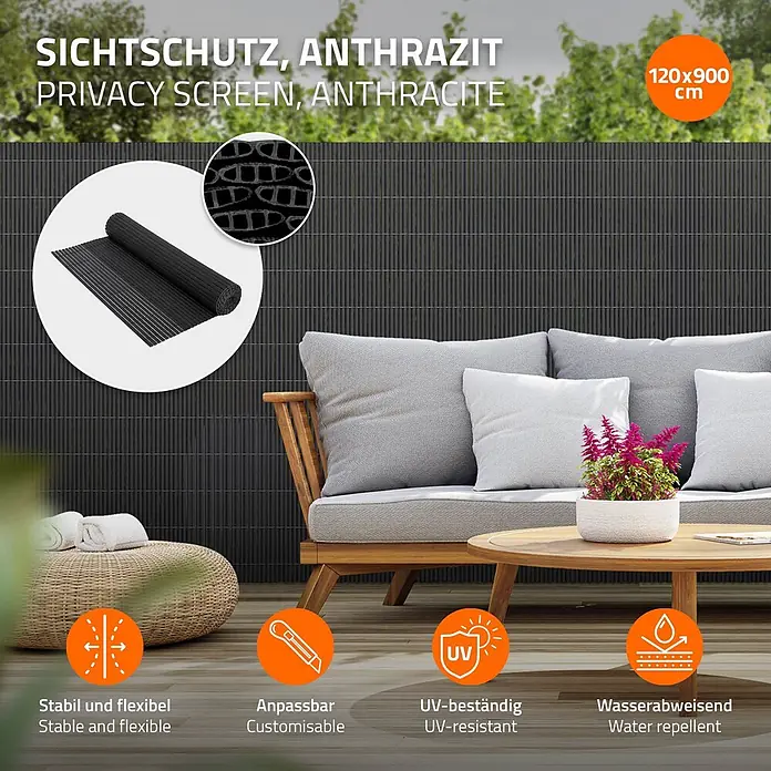 ECD Germany Sichtschutzelement 120x9m (4+5m) Windschutz Zaunblende Sichtschutz Garten Balkon Terrasse - Kunststoff, Anthrazit - Anthrazit-Sichtschutz auf einer Terrasse, gerollt mit Texturdetail. Maße 120x900 cm.