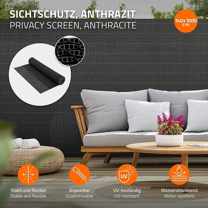 ECD Germany Sichtschutzelement 1,4 × 10 m, 2-teilig (2 × 5 m) - B x H: 1.000 x 140 cm, Kunststoff, Anthrazit - Anthrazit Sichtschutz, 140x1000 cm, aus stabilem, flexiblem, UV-beständigem, wasserabweisendem Rippenmaterial, in Außenumgebung gezeigt.