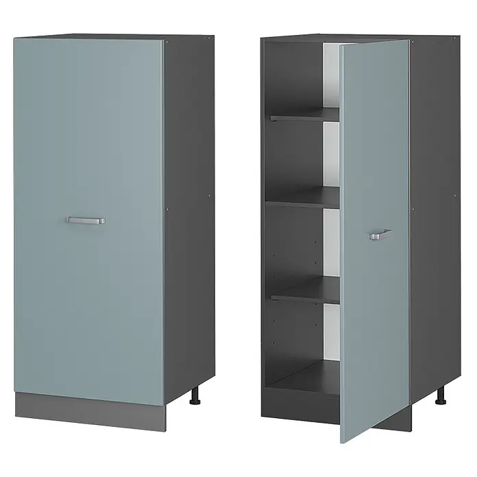 Vicco Schrankküche R-Line Blau-Grau - Blau-Grau, Vorratsschrank 60cm - Hoher, schmaler Schrank mit dunkelgrauem Korpus und hellblau-grauer Tür, geschlossen und geöffnet mit Innenregalen gezeigt.