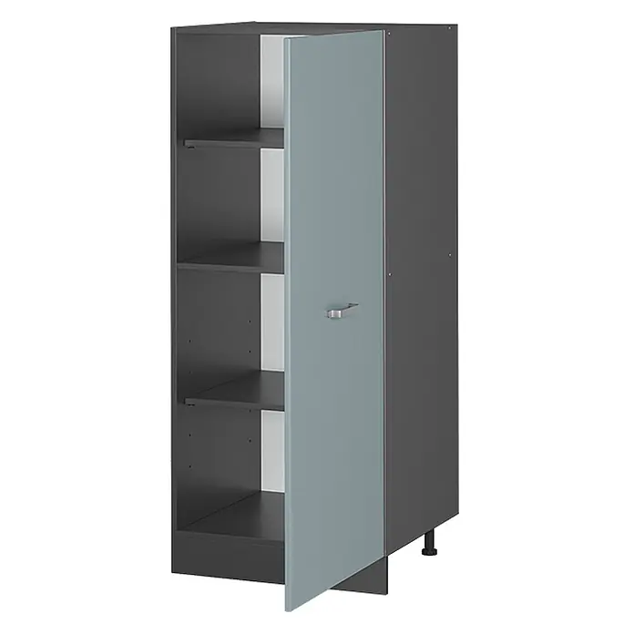 Vicco Schrankküche R-Line Blau-Grau - Blau-Grau, Vorratsschrank 60cm - Hoher, dunkelgrauer Schrank mit offenen Regalen und einer hellblauen Tür, mit silbernem Griff und kleinen Füßen.