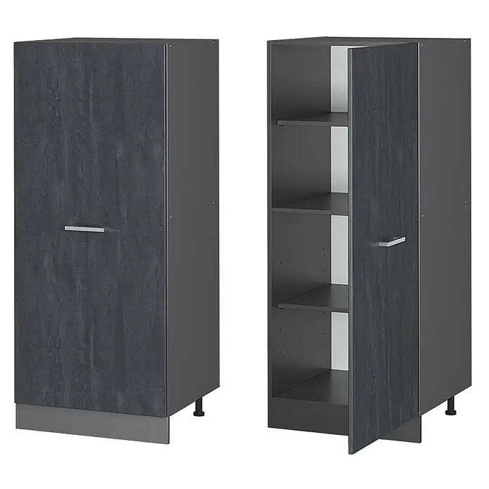 Vicco Vorratsschrank R-Line, Schwarz Beton, 60 cm -  - Hoher dunkelgrauer Schrank mit Textur und silbernem Griff, geschlossen und offen mit mehreren Einlegeböden gezeigt.