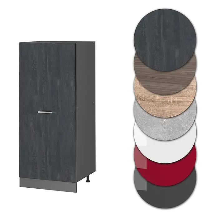 Vicco Vorratsschrank R-Line, Schwarz Beton, 60 cm -  - Dunkelgrauer strukturierter Küchenunterschrank mit silbernem Griff und verschiedenen Musterplatten.