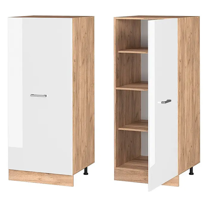 Vicco Schrankküche R-Line Weiß Hochglanz - Weiß Hochglanz, Vorratsschrank 60 cm - Hoher weißer Hochschrank mit Holzdekorseiten, geschlossen und geöffnet mit mehreren Regalfächern.