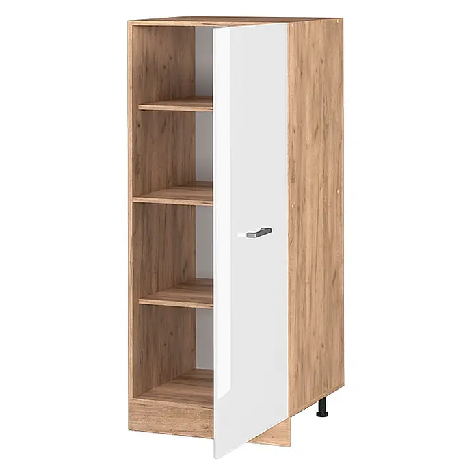 Vicco Schrankküche R-Line Weiß Hochglanz - Weiß Hochglanz, Vorratsschrank 60 cm - Hoher Holzschrank mit Regalböden, weiße Hochglanztür geöffnet, silberner Griff.