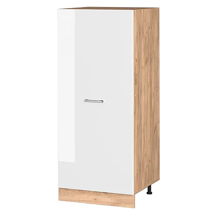 Vicco Schrankküche R-Line Weiß Hochglanz - Weiß Hochglanz, Vorratsschrank 60 cm - Hoher weißer Schrank mit Holzoptik-Seiten und Sockelblende, Einzeltür mit Griff, auf verstellbaren Füßen.