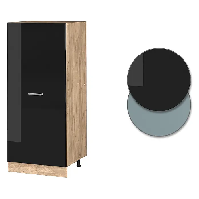 Vicco Schrankküche R-Line Schwarz Hochglanz - Schwarz Hochglanz, Vorratsschrank 60cm - Hoher Schrank mit schwarzer Hochglanztür und hellen Holz-Effektseiten, mit silbernem Griff.