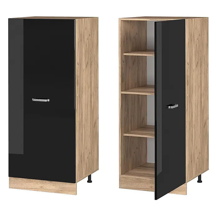 Vicco Schrankküche R-Line Schwarz Hochglanz - Schwarz Hochglanz, Vorratsschrank 60cm - Zwei Ansichten eines hohen, schmalen Holzschranks mit glänzend schwarzer Tür und Metallgriff; einmal geschlossen, einmal offen mit drei Einlegeböden.