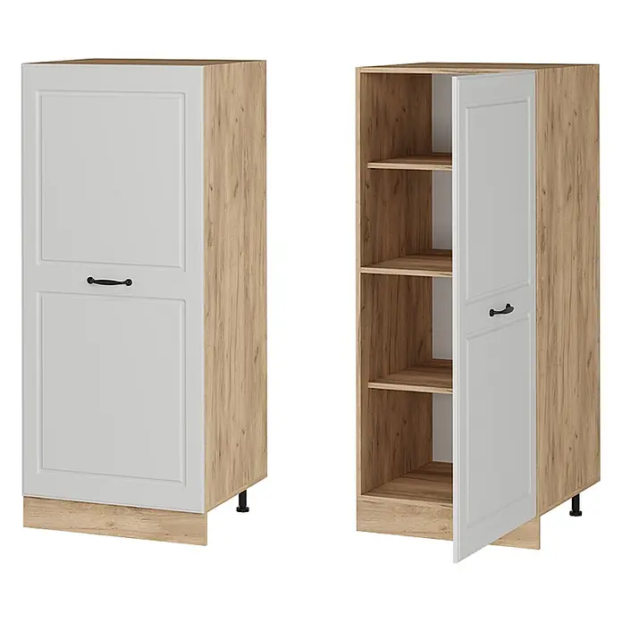 Vicco Schrankküche R-Line Weiß Landhaus - Weiß Landhaus, Vorratsschrank 60cm - Zweifarbiger Aufbewahrungsschrank in hellem Holz und Weiß, mit Innenregalen und schwarzen Griffen. Geschlossen und offen gezeigt.