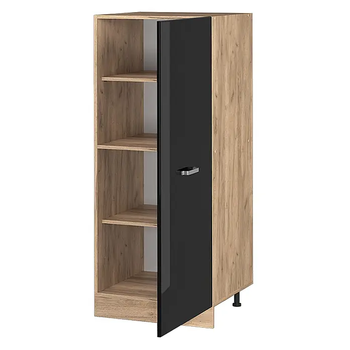 Vicco Schrankküche R-Line Schwarz Hochglanz - Schwarz Hochglanz, Vorratsschrank 60cm - Hoher Hochschrank mit hellem Holzdekor-Korpus und Einlegeböden, schwarzer Hochglanztür und Metallgriff, teilweise geöffnet.