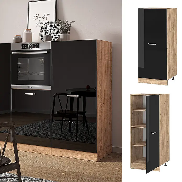 Vicco Schrankküche R-Line Schwarz Hochglanz - Schwarz Hochglanz, Vorratsschrank 60cm - Hochglanz-schwarze Küchenschränke mit hellem Holzdekor, mit integriertem Ofen und vielseitigen Stauraumkonfigurationen.