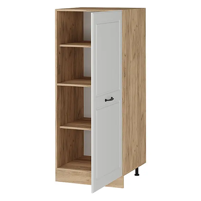 Vicco Schrankküche R-Line Weiß Landhaus - Weiß Landhaus, Vorratsschrank 60cm - Holzoptikschrank mit offenen Regalen, einer weißen Kassettentür, schwarzem Griff und verstellbaren Füßen.