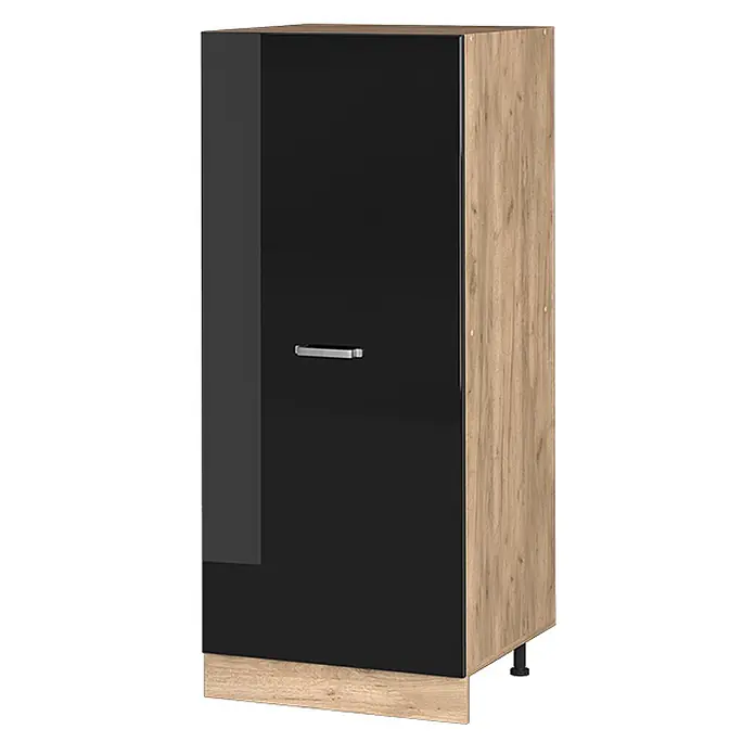 Vicco Schrankküche R-Line Schwarz Hochglanz - Schwarz Hochglanz, Vorratsschrank 60cm - Hoher Schrank mit glänzender schwarzer Tür, silbernem Griff und hellem Holzdekor für Rahmen und Sockel, auf kleinen Füßen.