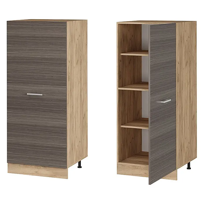 Vicco Schrankküche R-Line Edelgrau - Edelgrau, Vorratsschrank 60 cm - Hoher, zweifarbiger Schrank mit dunkelgraubrauner Tür, hellem Holzkorpus und sichtbaren Einlegeböden.