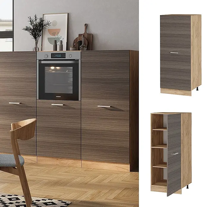 Vicco Schrankküche R-Line Edelgrau - Edelgrau, Vorratsschrank 60 cm - Küchenschrank aus dunkler Holzmaserung mit hellen Seiten, in moderner Küche und als Einzelmodul mit Einlegeböden gezeigt.