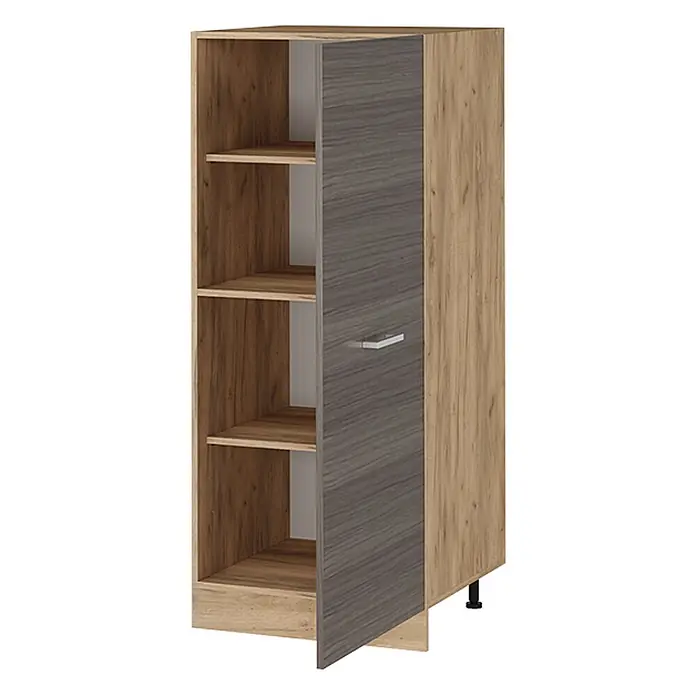 Vicco Schrankküche R-Line Edelgrau - Edelgrau, Vorratsschrank 60 cm - Hoher Schrank mit offenen hellen Holzregalen und einer dunkelgrauen Holztür mit Griff, auf schwarzen Füßen.
