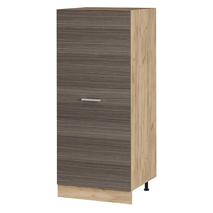 Vicco Schrankküche R-Line Edelgrau - Edelgrau, Vorratsschrank 60 cm - Hoher Schrank mit dunkelbrauner Holzmaserungstür, hellbraunen Seiten und Sockel, und einem silbernen Griff.