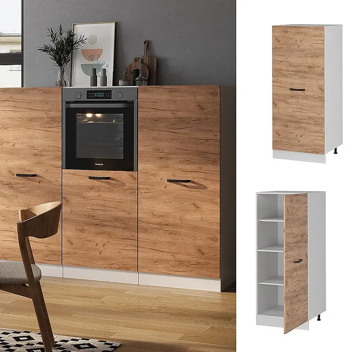 Vicco Schrankküche R-Line Goldkraft Eiche - Goldkraft Eiche, Vorratsschrank 60 cm - Küchenschränke in Holzoptik mit integriertem Backofen und einem Hochschrank mit verstellbaren Regalböden.