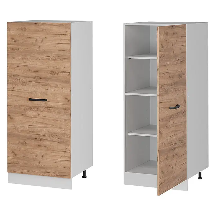 Vicco Schrankküche R-Line Goldkraft Eiche - Goldkraft Eiche, Vorratsschrank 60 cm - Hoher Schrank mit weißem Korpus und heller Holztür, schwarzem Griff und Innenfächern.