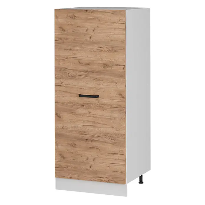 Vicco Schrankküche R-Line Goldkraft Eiche - Goldkraft Eiche, Vorratsschrank 60 cm - Weißer Unterschrank mit Eicheneffekt-Tür, schwarzem Griff und weißem Sockel. Mit verstellbaren schwarzen Füßen.