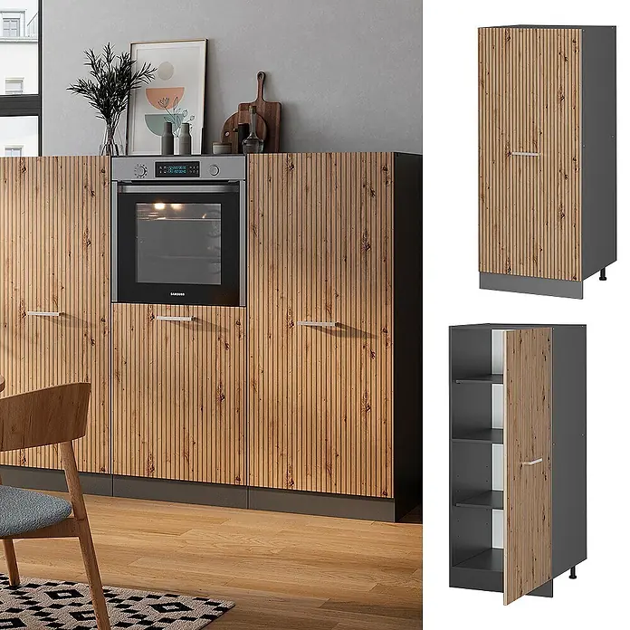 Vicco Schrankküche R-Line Artisan-Eiche - Artisan-Eiche, Vorratsschrank 60 cm - Küchenunterschrank mit Holzlamellenfront, integriertem Backofen und Hochschränken mit dunkelgrauen Rahmen.