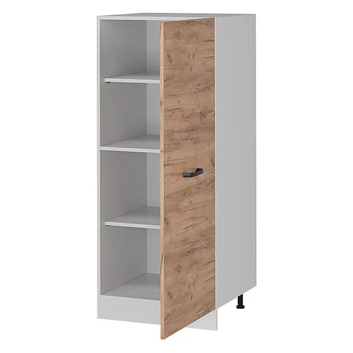 Vicco Schrankküche R-Line Goldkraft Eiche - Goldkraft Eiche, Vorratsschrank 60 cm - Hoher weißer Schrank mit teiloffener Holzoptiktür, zeigt weiße Regalböden, schwarzem Griff und Füßen.