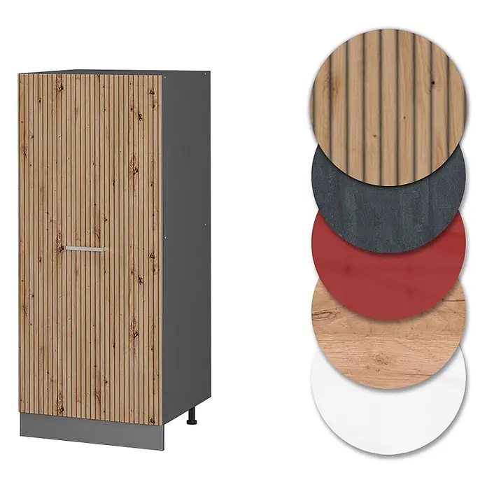 Vicco Schrankküche R-Line Artisan-Eiche - Artisan-Eiche, Vorratsschrank 60 cm - Lattenholzschrank mit grauen Seiten und Griff, begleitet von Mustern: Lattenholz, dunkelgrau, rot, helles Holz, weiß.