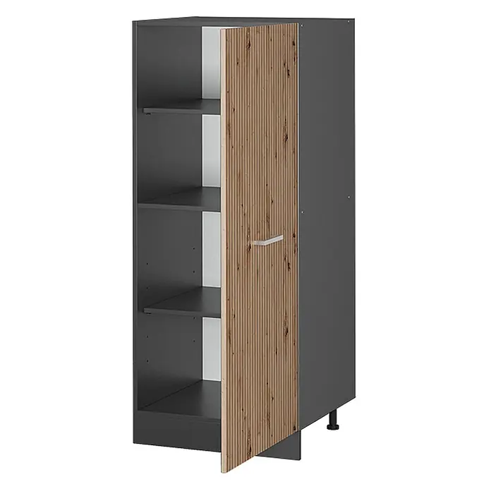 Vicco Schrankküche R-Line Artisan-Eiche - Artisan-Eiche, Vorratsschrank 60 cm - Dunkelgrauer Hochschrank mit offenen Regalböden und geriffelter Holztür, ausgestattet mit einem silbernen Griff.