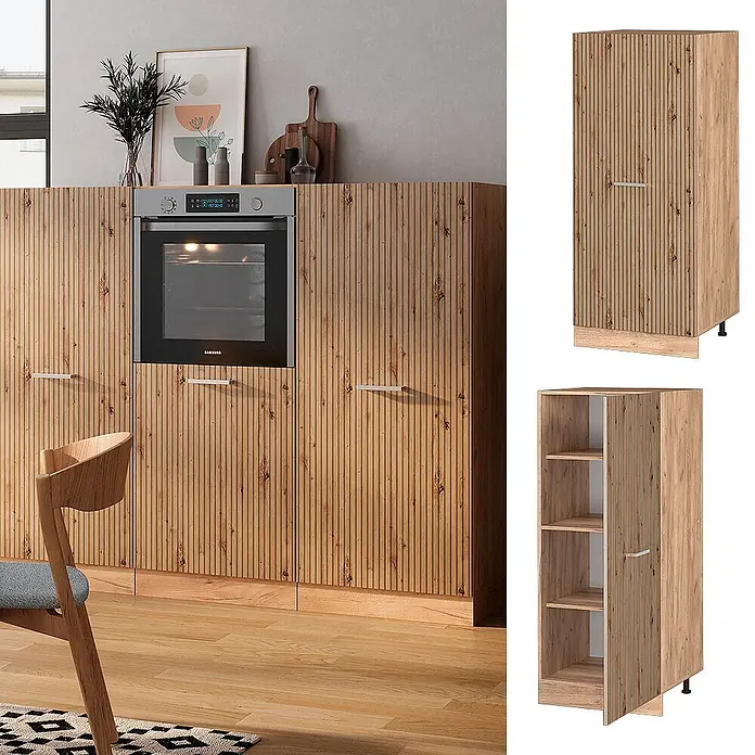 Vicco Schrankküche R-Line Artisan-Eiche - Artisan-Eiche, Vorratsschrank 60 cm - Geriffelte Küchenschränke in Holzoptik mit integriertem Ofen, dazu Hochschrank und Unterschrank mit Regalen.