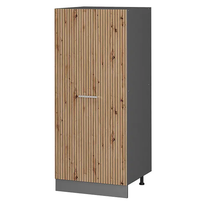 Vicco Schrankküche R-Line Artisan-Eiche - Artisan-Eiche, Vorratsschrank 60 cm - Hochschrank mit heller Holzlamellentür, silbernem Griff und dunkelgrauem Korpus.