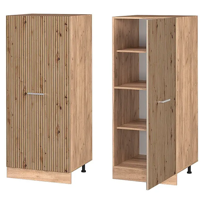 Vicco Schrankküche R-Line Artisan-Eiche - Artisan-Eiche, Vorratsschrank 60 cm - Hoher, schmaler Schrank aus hellem Holz mit geriffelter Tür und silbernem Griff. Rechts ist der Schrank geöffnet und zeigt vier Einlegeböden.
