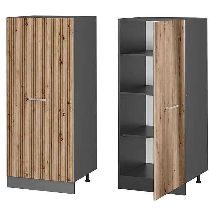 Vicco Schrankküche R-Line Artisan-Eiche - Artisan-Eiche, Vorratsschrank 60 cm - Hoher dunkelgrauer Schrank mit geriffelter Naturholztür, geschlossen und teilweise geöffnet, um Einlegeböden zu zeigen.