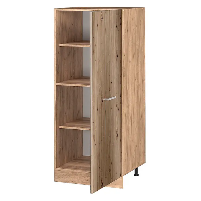 Vicco Schrankküche R-Line Artisan-Eiche - Artisan-Eiche, Vorratsschrank 60 cm - Schmaler Schrank in Eichenoptik mit offenen Regalfächern links und einer teilweise geöffneten geriffelten Tür rechts, mit silbernem Griff und schwarzen Füßen.