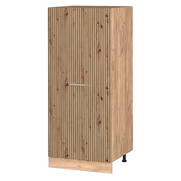 Vicco Schrankküche R-Line Artisan-Eiche - Artisan-Eiche, Vorratsschrank 60 cm - Heller Holzschrank mit geriffelter Tür, natürlicher Maserung und silbernem Griff, auf Sockel und schwarzen Füßen.