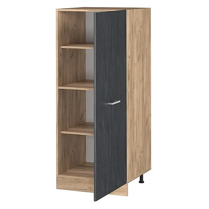 Vicco Vorratsschrank R-Line, Schwarz Beton, 60 cm -  - Hoher Schrank in heller Holzoptik mit offenen Fächern links und einer dunkelgrauen Tür rechts mit Griff.