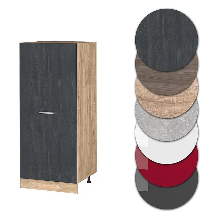 Vicco Vorratsschrank R-Line, Schwarz Beton, 60 cm -  - Modulschrank mit dunkelgrauer Tür, hellen Holzseiten und Farbmustern.