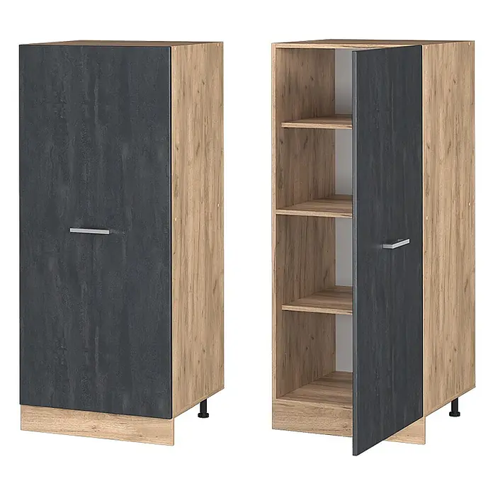 Vicco Vorratsschrank R-Line, Schwarz Beton, 60 cm -  - Hoher schmaler Schrank mit dunkelgrauer Tür und hellen Holzseiten, geschlossen und offen mit vier Regalböden gezeigt.