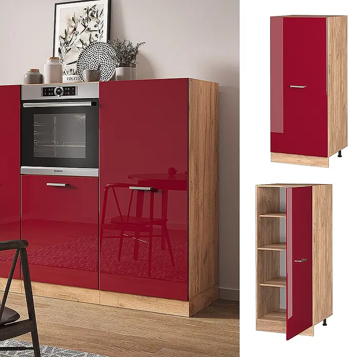 Vicco Schrankküche R-Line Rot Hochglanz - Rot Hochglanz, Vorratsschrank 60cm - Hochglanzrote Küchenschränke mit Holzoptik-Seiten, integriertem Backofen und Regalfach-Optionen.