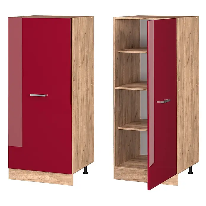 Vicco Schrankküche R-Line Rot Hochglanz - Rot Hochglanz, Vorratsschrank 60cm - Schlanker Schrank mit roter Hochglanztür und hellem Holzdekor, geschlossen und offen mit Einlegeböden.