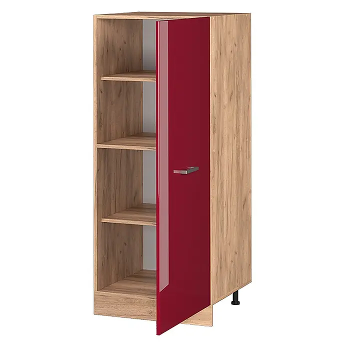 Vicco Schrankküche R-Line Rot Hochglanz - Rot Hochglanz, Vorratsschrank 60cm - Hoher Schrank in Holzoptik mit offenen Regalen und einer halb geöffneten, glänzend roten Tür mit Griff. Er hat verstellbare Füße.