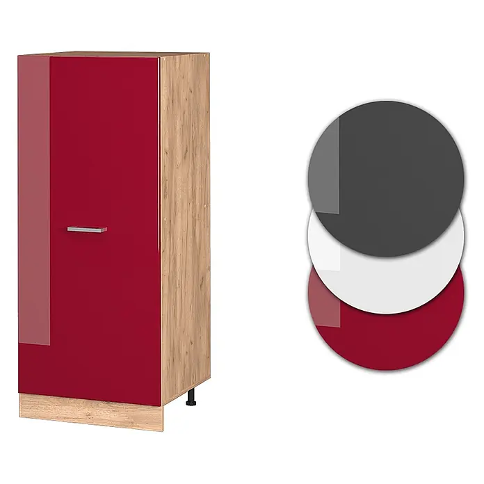 Vicco Schrankküche R-Line Rot Hochglanz - Rot Hochglanz, Vorratsschrank 60cm - Hoher Schrank mit glänzender roter Tür, hellen Holzseiten und drei runden Farbmustern (Dunkelgrau, Weiß, Rot).